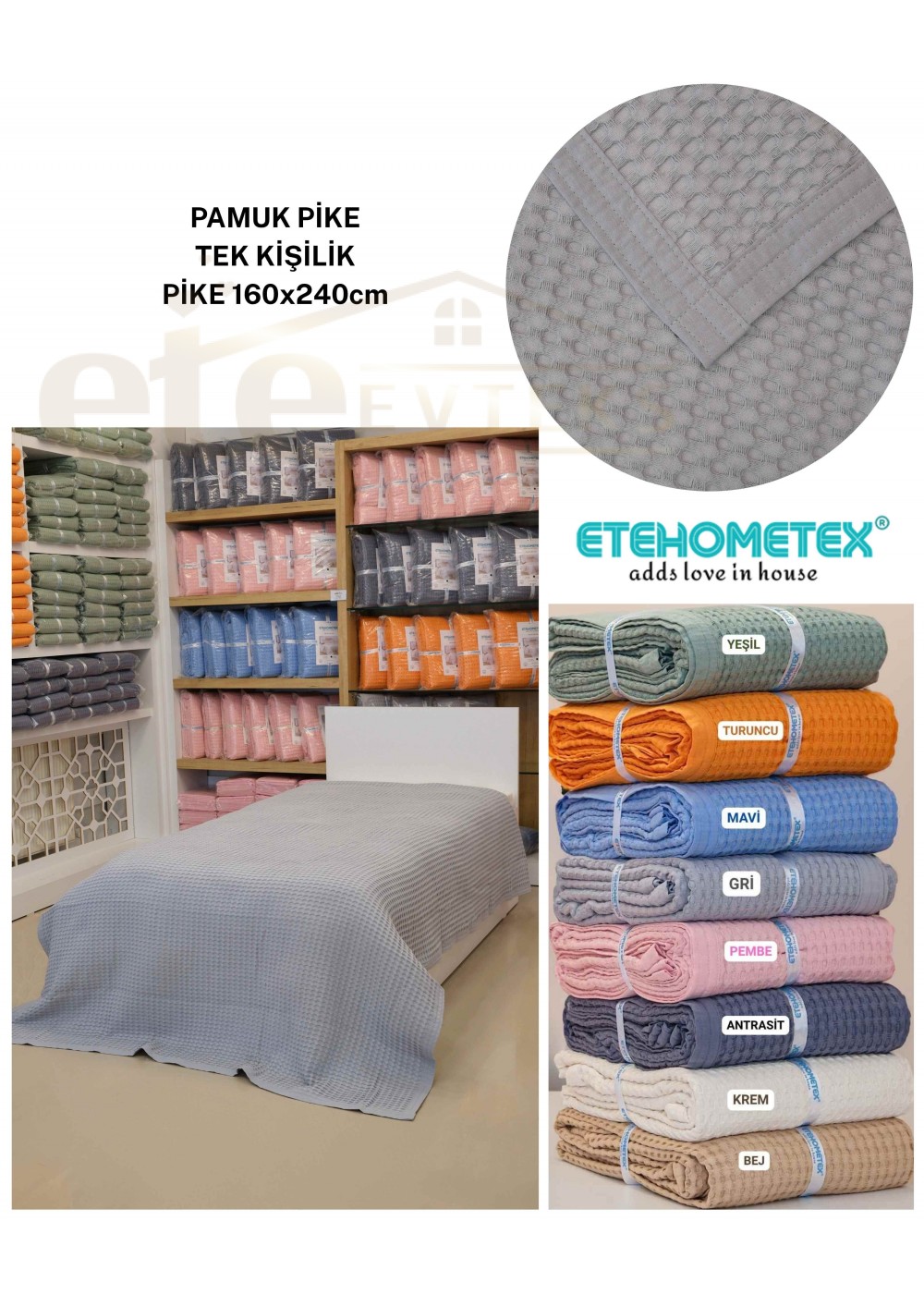 ETEHOMETEX HAVUZLU PİKE TEK KİŞİLİK 160X240CM GRİ 8696474232082